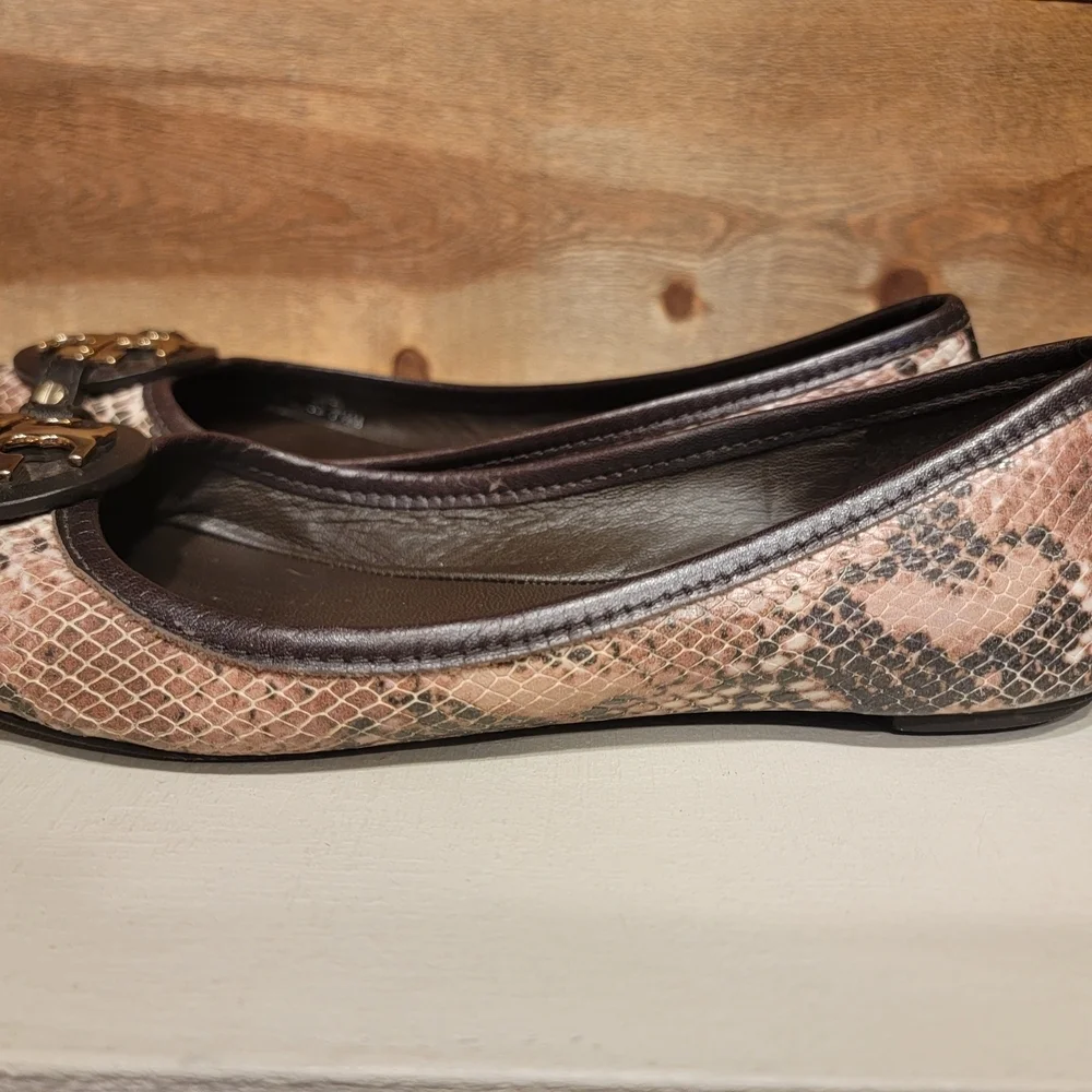 Tory Burch Women's Ballet Flats In Shades Of Brown Snakeskin Leather Size 7.5